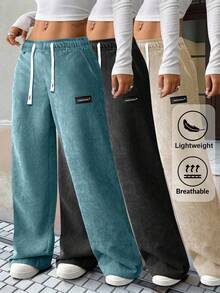 Women's Corduroy Drawstring Waist Pants, Dual Side & Buttock Pockets, Solid Color Versatile, Suitable For Casual Daily Wear And Outdoor Sports - 藍色 - 查看 1