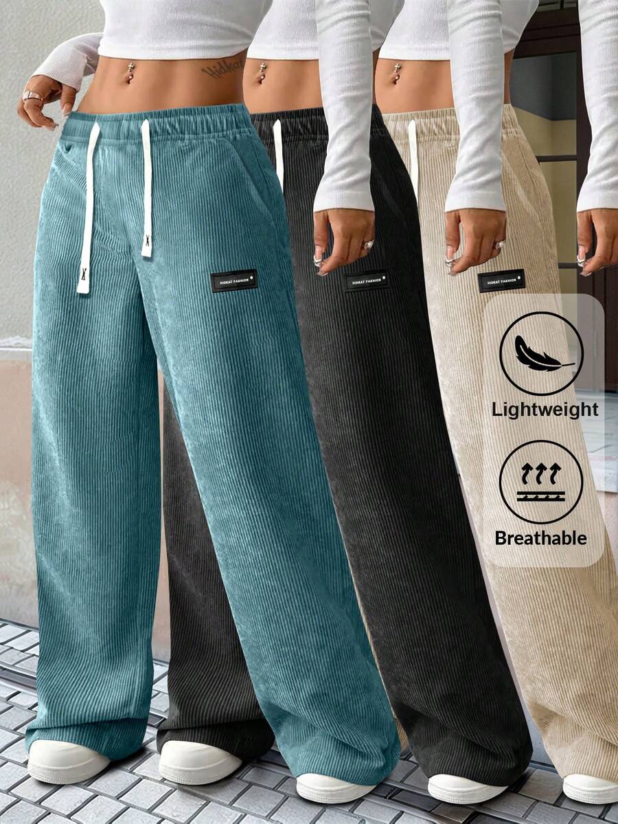 Women's Corduroy Drawstring Waist Pants, Dual Side & Buttock Pockets, Solid Color Versatile, Suitable For Casual Daily Wear And Outdoor Sports - 藍色 - 查看 1