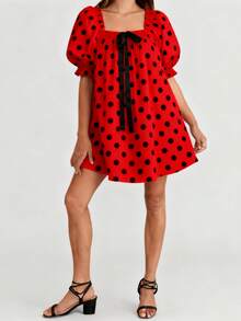 Women's Polka Dot Mini Dress Loose Bow Square Neck Puff Sleeve Short Dress For Daily/Travel - Nền đỏ có chấm bi đen - Xem 4
