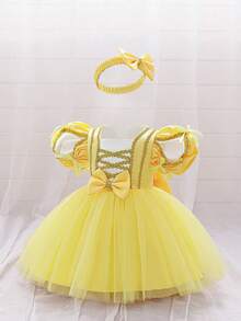 Gaun Putri Mewah Berbahan Jala Bordir Lengan Mengembang Warna Ungu untuk Bayi Perempuan, Cocok untuk Pesta - Kuning - View 4