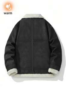 Men's Loose And Dropped Shoulder Silhouette Faux Fur Collar Warm Thermal Lined PU Leather Jacket, Autumn/Winter - Black - View 3