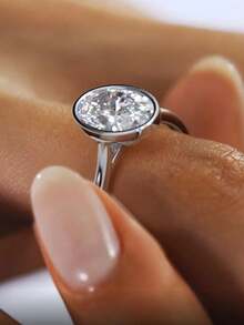 XUJIA 925纯银8x12毫米椭圆形切割立方氧化锆单钻订婚戒指（女士款）