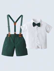 BOARNSEORL Ensemble d'été pour bébés garçons élégants, chemise blanche avec nœud papillon et shorts salopette verts. Tenue à la mode et élégante pour le port quotidien, l'école, les anniversaires, le premier anniversaire, les événements - Vert - Voir 1