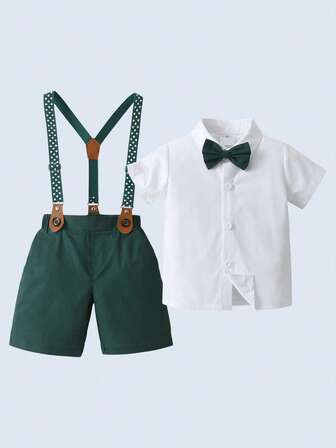 BOARNSEORL Baby Boys Gentleman Summer Set, White Shirt With Bowknot And Green Suspender Shorts, Fashionable And Dashing Outfit For Daily Wear, School, Birthday Party, First Birthday, Event