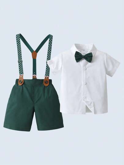 BOARNSEORL Baby Boys Gentleman Summer Set, White Shirt With Bowknot And Green Suspender Shorts, Fashionable And Dashing Outfit For Daily Wear, School, Birthday Party, First Birthday, Event