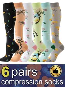 6 Pairs Compression Socks For Women, Floral Pattern Socks Breathable High Tube Socks For Running Fitness Skipping Cycling Athletic Compression Socks - Multicolor - View 6