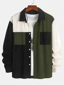 Men's Corduroy Colorblock Patchwork Fabric Breathable Full-Button Casual Shirt, Stylish And Simple For Daily Wear, Commute, Street Fashion, Summer New Arrival - Army Green - View 2