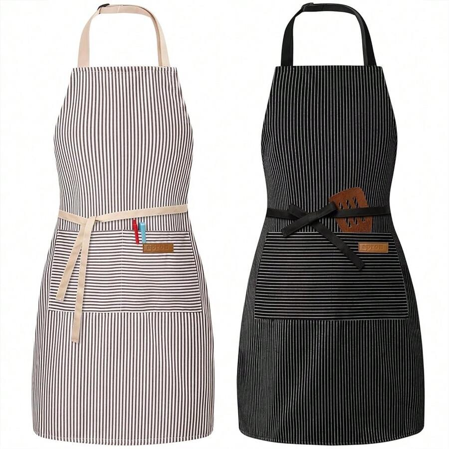 2 Pack Adjustable Bib Apron With 2 Pockets Chef CooFKing Kitchen Restaurant Aprons For Women Men,Black/BeigeStripes - 黑色/米色條紋 - 查看 1