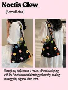 Retro Hand-Crocheted Crossbody Bag Bohemian Hollow-Out Floral Contrast Color Tote Bag Large Capacity Beach Bag Functional Boho Bag For Shopping Travel - 彩色 - 查看 5