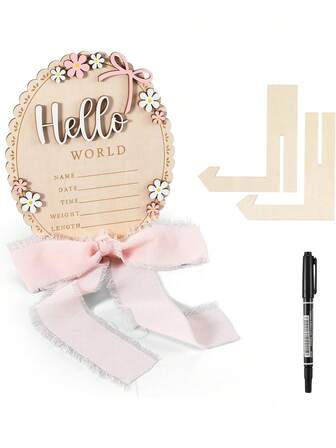 1件装“你好”字样蝴蝶结装饰新生儿名字牌，带支架和笔，木质婴儿出生公告牌，男女宝宝通用婴儿派对摄影道具，婴儿派对礼物，婴儿派对拍照道具，医院婴儿室用品，婴儿纪念品