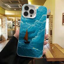 Cubierta de telefono con diseño de barco en el mar azul para iPhone 14 Pro Max protector de pantalla con estampado de nubes y oceano ideal para uso diario y viajes - Negro - Ver 3