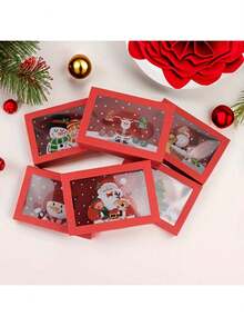 6pcs Christmas Cartoon Candy Packaging Boxes - Transparent Window Cookie Pastry Boxes, Red Holiday Gift Boxes, Christmas Gift Packaging Boxes - Multicolor - View 2