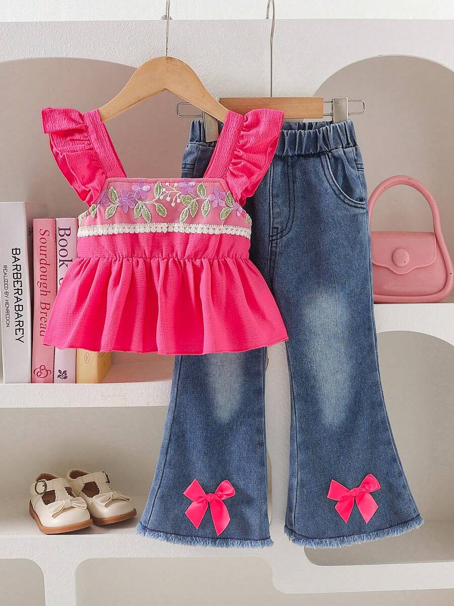 Conjunto Confortável de Top Camisole e Calça Flare Denim com Decoração de Laço, Tecido com Textura de Acabamento Floral Vintage - Pink - Visão 1