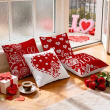 4pcs Valentine's Day Red & White Heart Pattern Pillow Cover, Single-Sided Printed Cushion Cover, Suitable For Living Room, Bedroom, Home Decor, All Season
