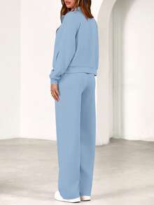 Womens 2 Piece Outfits Sweatsuits  Fall Full Zip Sweatshirts Workout Pants Matching Lounge Sets Tracksuits - xanh nhạt - Xem 4