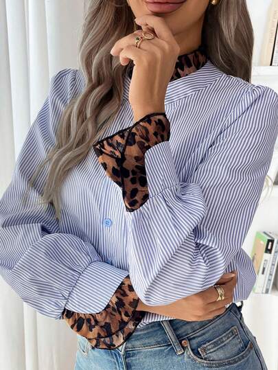 1pc Polyester Striped & Leopard Print Patchwork Button Down Collared Shirt, Suitable For Vacation, Spring/Autumn