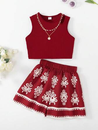 2 st/set flickor casual rött stickat ribbat ärmlös linne + rött tryckt aprikosblommigt vida shorts-kjolset, lämpligt för flickor dagligt vardagskläder, vår/sommar