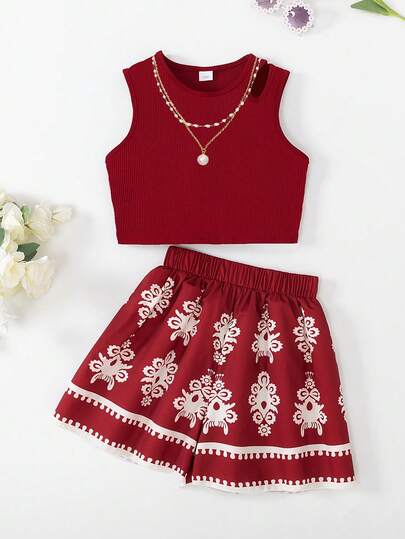 2 件套女童休闲红色针织罗纹无袖背心 + 红色印花杏色花卉阔腿短裤裙套装，适合女童日常休闲装，春夏季