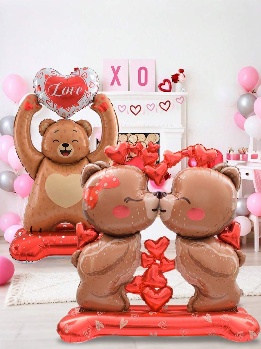 Bộ 1 bóng bay hình gấu bông lớn đứng, bao gồm 2 bóng bay hình gấu bông hôn nhau và 2 bóng bay hình gấu bông cầm trái tim, thích hợp trang trí tiệc theo chủ đề lãng mạn, tiệc sinh nhật, đám cưới, kỷ niệm, tiệc cô dâu, chủ đề gấu bông, đạo cụ chụp ảnh tạo không khí, tiệc Valentine.