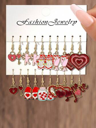 Juego de 10 piezas/20 piezas de pendientes metálicos con diseños de moda para el Día de San Valentín, incluyendo gnomos lindos, corazones de cupido, candados y llaves, y formas de flores