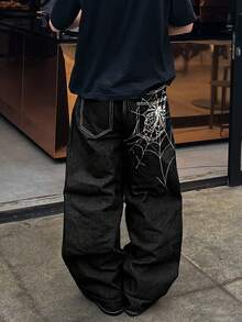 时尚街头嘻哈蜘蛛网刺绣直筒宽松阔腿男士牛仔裤 - 黑色 - 查看 1
