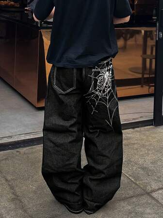 Trendiga Street Hiphop Spindelnätsbroderi Raka Lösa Vida Jeans För Herr