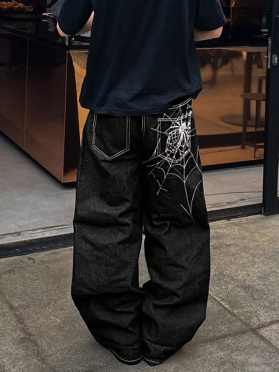 时尚街头嘻哈蜘蛛网刺绣直筒宽松阔腿男士牛仔裤 - 黑色 - 查看 1