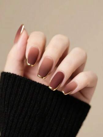 24pcs Long Coffin Shaped Fake Nails, Gold Edged French Ombre Brown Gradient Press-On Nails, Includes 1pc Jelly Gel And 1pc Nail File, Suitable For Women And Girls For Prom, Party, Gathering