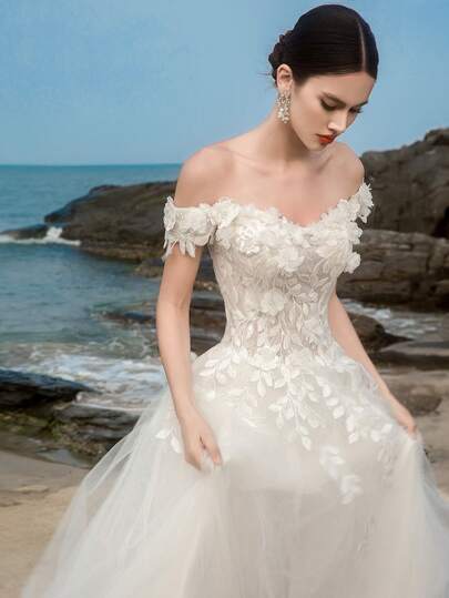 Vestidos de novia elegantes de encaje floral blanco con hombros descubiertos de HEARBOBO, adecuados para bodas, fiestas de solteros, vacaciones, novias, ocasiones formales, cenas, bailes de graduación, fiestas de cumpleaños