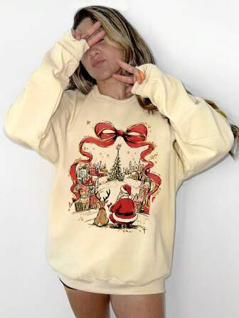 杏色圆领卫衣，圣诞树，圣诞老人，圣诞元素，驯鹿，蝴蝶结，圣诞节