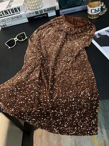 EARO Thời trang mới, thoải mái, rộng rãi, đa năng, dự tiệc cocktail, nhung, sequin, cạp cao, thon gọn, dài đến đùi, váy chữ A thanh lịch có cạp chun - Cà phê nâu - Xem 1