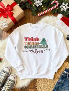 Sweatshirt con estampado de árbol de Navidad y texto "Thick Thighs Christmas Vibes", para hombres, adecuado para fiestas de Navidad, reuniones familiares, look casual, regalo para él, cómodo y trendy - Blanco - Ver 3