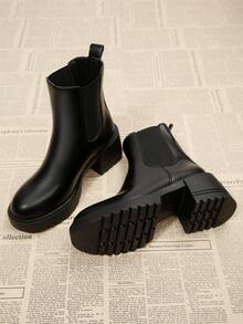 女士切尔西踝靴，圆头舒适粗跟靴，双松紧带设计，厚底防滑冬季工装靴，黑色高跟弹力靴，娇小增高靴，适合搭配毛衣裙 - 黑色 - 查看 1