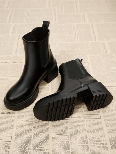 Women's Chelsea Ankle Boots, Round Toe Comfort Chunky Heel Boots With Double Elastic Bands, Thick Sole Anti-Slip Winter Combat Boots, Black High Heel Elastic Boots, Petite Height Increasing Boots, Suitable For Sweater Dress