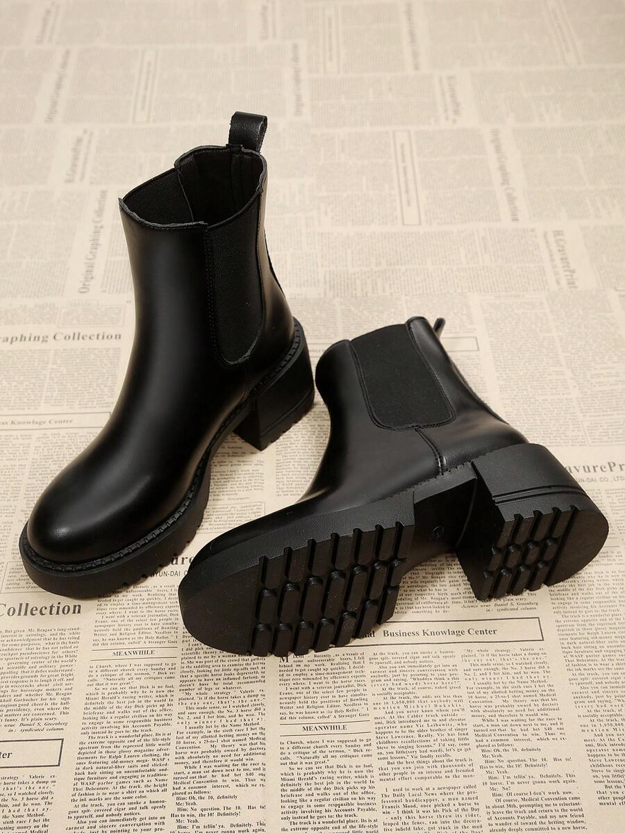 女士切尔西踝靴，圆头舒适粗跟靴，双松紧带设计，厚底防滑冬季工装靴，黑色高跟弹力靴，娇小增高靴，适合搭配毛衣裙 - 黑色 - 查看 1