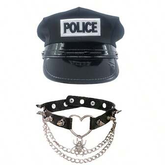 2pcs PU Collar Necklace & Hat, Role Play Costume Accessories, Breathable Octagonal Flat Top Cap