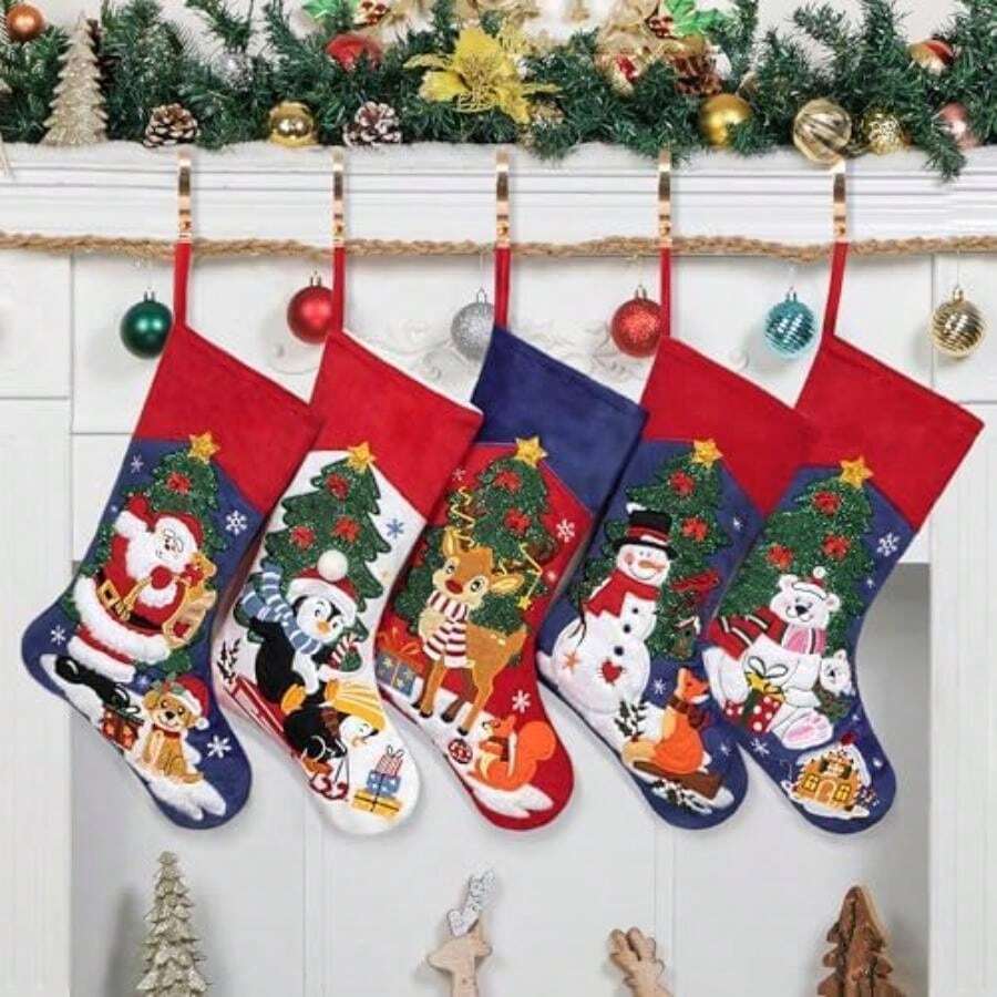 LUBOT - Paquete de medias de Navidad de 20 pulgadas, color rojo y verde, a cuadros, mezcla y combina clásica, rústica, de algodón, para colgar en la chimenea, para decoración de la temporada de día(Rojo, azul, blanco 5) - Multicolor - Ver 1