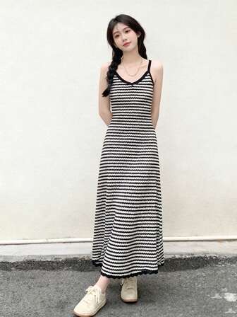 Women's Long Casual Striped Spaghetti Strap Summer Versatile Dress