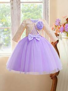 2件套少女蕾丝刺绣蝴蝶结薄纱优雅生日派对礼服套装，适合毕业典礼、正式场合，不含头饰 - 彩色 - 查看 2