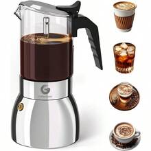 9 Cup Moka Pot 15oz Stovetop Espresso Maker For Italian Coffee Brewing Transparent Glass And Stainless Steel Dual-Tone Design Silver Finish Ideal For Home And Travel Use 450ml Capacity Perfect For Authentic Espresso Extraction On Gas Or Electric Stovetops - 不銹鋼 - 查看 1