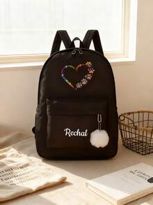 Customized Heart-Shaped Backpack, Sports Bag, Dance Bag With Personalized Name Or Holiday Greetings. Suitable For Daily School Commute, Nylon Zipper Closure, Can Customize Name, Letter, Lucky Number, Ideal For School, Dance Class And Travel. Can Be Used As Birthday Gift, Commemorative Bag, Christmas Gift, New Year Gift. Zipper Direction Random. - Black - View 6