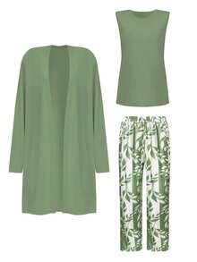 Conjunto informal de 3 piezas para mujer con pantalón de pierna ancha, cárdigan de manga larga y top sin mangas, adecuado para la playa, el trabajo, estilo europeo y americano, vacaciones de invierno y primavera - Verde - Ver 5
