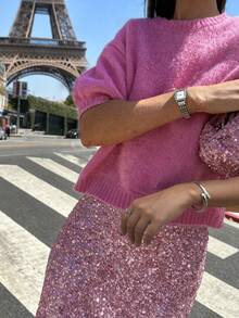 FOR BEAUTY 女士圆领短袖粉色针织衫，新款宽松柔软舒适休闲套头衫，适合日常通勤，百搭时尚优雅简约针织上衣，春夏款 - 粉色 - 查看 2