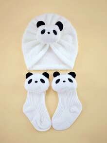 2件套婴儿冬季卡通发带帽+袜子套装，0-6个月，柔软绒面帽袜组合，保暖婴儿头饰套装 - 彩色 - 查看 4