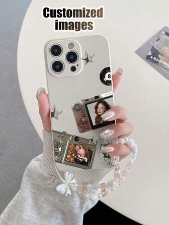 1 pieza Funda de teléfono personalizable de TPU con marco de cámara con patrón, 1 pieza Correa de muñeca con corazón de perla marrón, Funda de teléfono con texto personalizado, Regalo de aniversario, Regalo del Día de San Valentín, Regalo de cumpleaños, Regalo de boda, Regalo del Día de la Madre, Regalo del Día del Padre, Regalo para el mejor amigo, Regalo para mamá/papá, Regalo para novio/novia, Compatible con teléfonos Apple/Android