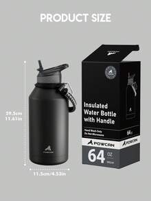 64盎司/1.9升半加仑保温水瓶，带吸管盖 - 加厚不锈钢真空保温水壶，大容量运动水瓶，带提手/肩带，防漏双层壁设计，保温/保冷，是健身、徒步、旅行和上学的理想之选 - 黑色 - 查看 5