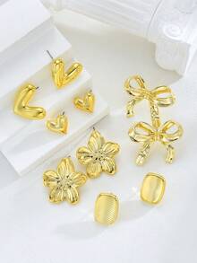 10pcs/Set Fashionable & Sweet Bow, Heart, Flower Square Stud Earrings Set, Suitable For Women's Daily Wear, Outfit Matching, Party, Dating, Gift For Mom Or Girlfriend (No Card Paper) - Gold - View 6