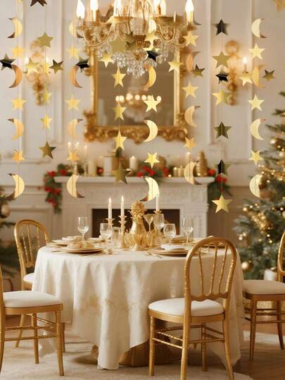 Glitter Gold Twinkle Stars Crescent Paper Garlands Hanging Decorations Honey Moon Wedding Engagement Favors Baby Shower Birthday Party Table Centerpieces Decorations,Restaurant Decoration, Hotel Decoration, Bedroom Decoration, Living Room Decoration;