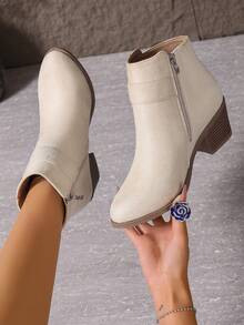 Beige Women's Boots With Strap Buckle Side Zipper Chunky Heel Mid-Heel Round Toe Comfortable Versatile Elegant Commute Daily Ankle Boots, Chelsea Boots - Beige - View 6
