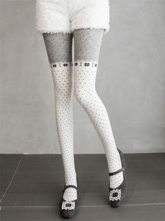 1 pieza Medias de mujer con estampado de lunares y copos de nieve, leggings elásticos, pantalones cómodos y de moda que estilizan, para otoño/invierno